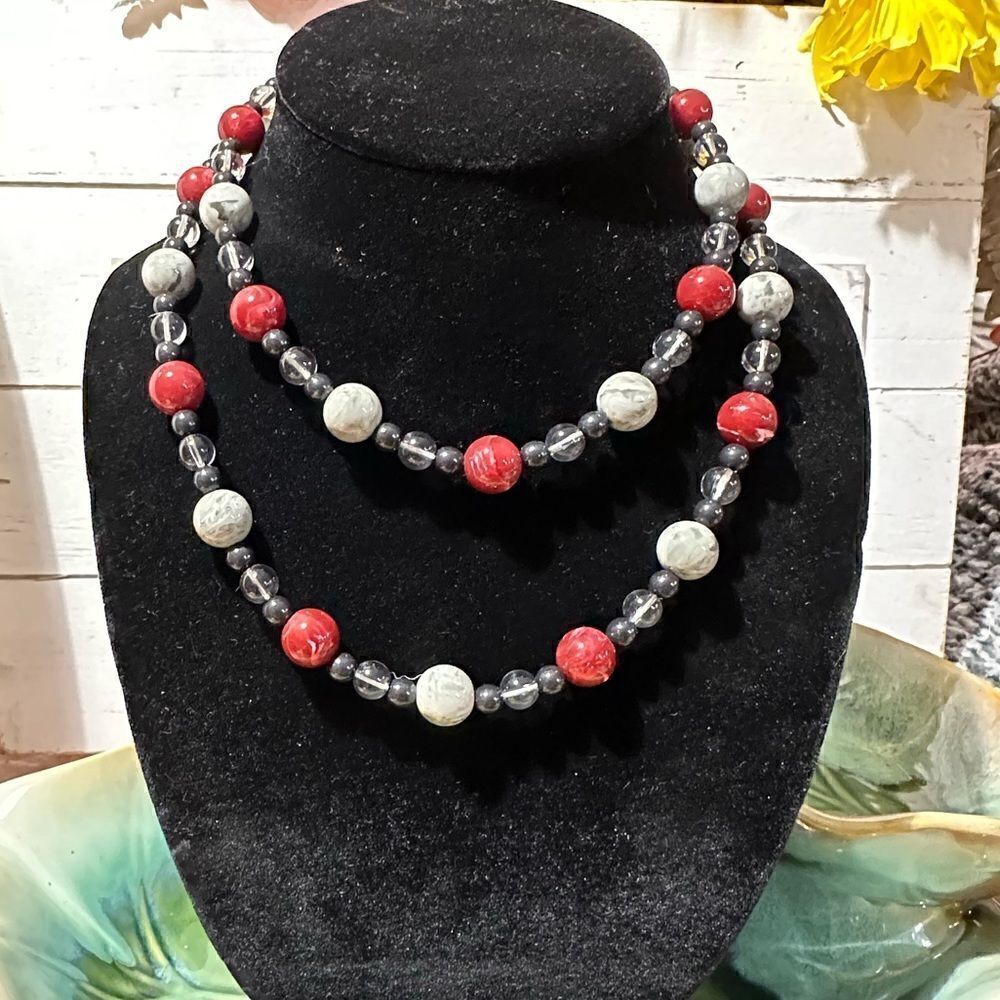 Vintage Monet Multi Color Necklace 34” Reds Gray & Clear Colors